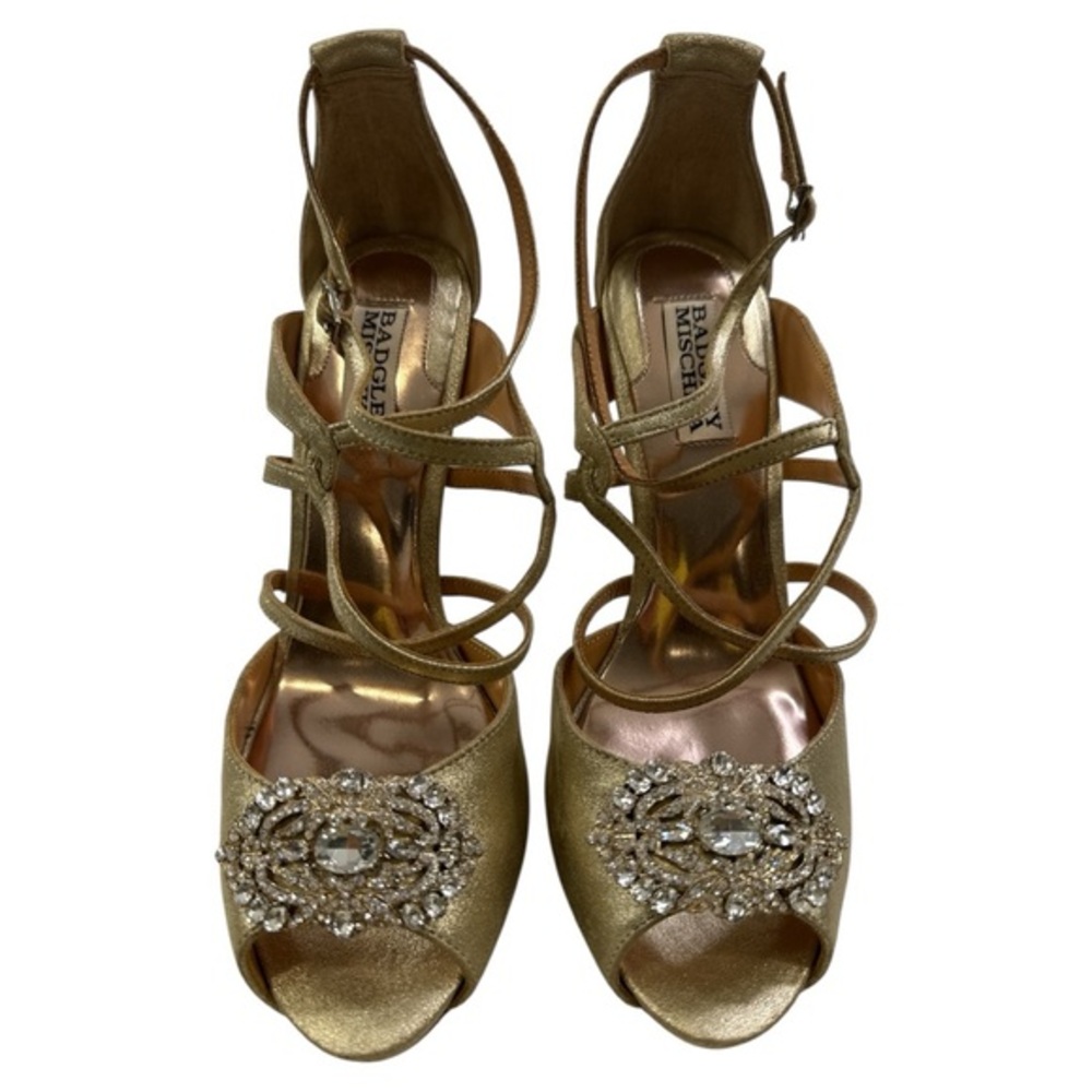 BADGLEY MISCHKA WOMEN’S FISHER OPEN TOE IVORY SATIN EMBELLISHED HEELS SZ 8